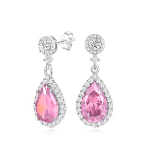 Hypoallergenic Nickel Free Teardrop pink Crystal Dangle <b>Earrings</b> Platinum Plated S925 Silver <b>Post</b> Bridal Party Fine Jewelry - Product Image 1