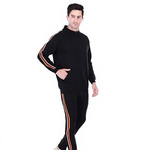 Ensemble de survêtement noir pour homme, manches longues, fermeture éclair, col montant, poches latérales rayées, respirant, style sportif, pour l'automne, coupe classique - Product Image 1