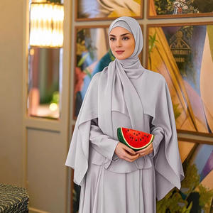 Vente en gros Abaya islamique de couleur unie pour femme Ensemble 2 pièces Robe musulmane de luxe longue taille fine avec ceinture - Product Image 3