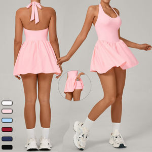 Falda de tenis para <span class=keywords><strong>mujer</strong></span> con conjuntos deportivos desnudos transpirables incorporados para correr al aire libre Fitness vestido con cordones Halter con bolsillos - Product Image 1