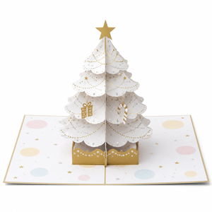 Tarjeta de Navidad 3D Pop-up con Diseño Original ZS-PC0279, Árbol de Navidad de Cristal Blanco, Papel Cortado con Láser y Detalles en Dorado - Product Image 1