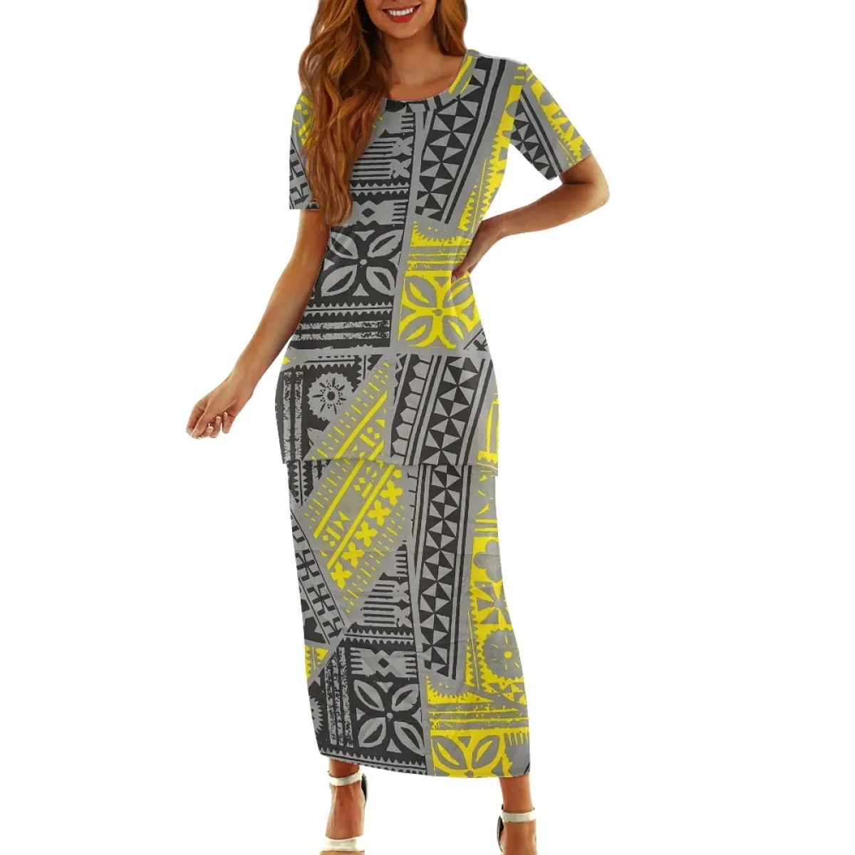 Polynesian Tribal Clothing Areca Plam Tree Leaves Masi Print Custom yellow Dress Pacific Island Two Piece Set Dresses Designs