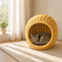 Panier pour animaux de compagnie en rotin PP tissé, écologique, multifonctionnel, toutes saisons, résistant à la moisissure, facile à nettoyer, pour chats et chatons d'intérieur