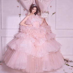 Pink Tulle Ball Gown Strapless Empire Waist Wedding Dress For Studio Photo Shoots - Product Image 1