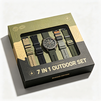 Boîte d'emballage en papier pour montre connectée multifonctionnelle 7-en-1 vert armée, avec couvercle à fenêtre en PVC et base, vente en gros