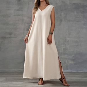 <span class=keywords><strong>Robe</strong></span> d'été élégante sans manches à col en V pour femmes avec fente latérale à paillettes tissu en mousseline de soie chic taille naturelle lavable - Product Image 3