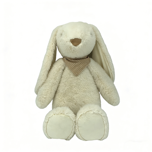 Conejito de peluche beige personalizado, unisex, para recién nacidos, conejito cremoso y esponjoso con pañuelo de lunares marrones. - Product Image 1