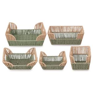 Juego de 5 Cestas de Almacenamiento Tejidas a Mano, de Diferentes Tamaños, de Cuerda de Papel, Color Beige Natural y Verde, Estilo Boho Rústico, Organizador de Almacenamiento <span class=keywords><strong>para</strong></span> el Hogar, Venta <span class=keywords><strong>al</strong></span> <span class=keywords><strong>Por</strong></span> <span class=keywords><strong>Mayor</strong></span> - Product Image 1