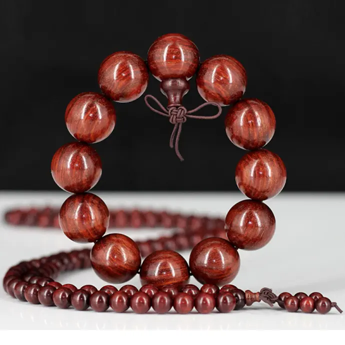 Perles bouddhistes en bois d'aloès de santal rouge, soie dorée et chapelet, bracelet cadeau