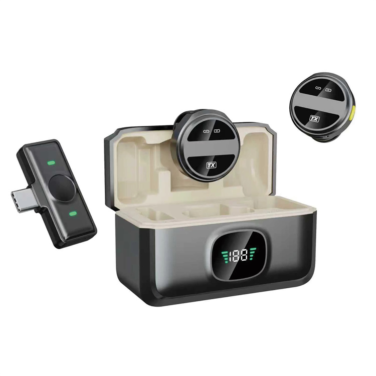 ไมโครโฟนหนีบปกเสื้อไร้สายแม่เหล็กสีดำ พร้อมหัวต่อ Lightning