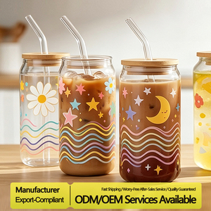 Vasos de Vidrio de Borosilicato con Tapa de Bambú y Pajita, Vaso Reutilizable Tipo Lata de Cerveza para Café Helado, Té, Zumo, Batidos y <span class=keywords><strong>Agua</strong></span> - Product Image 4
