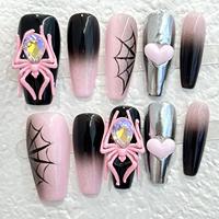 Uñas Postizas Góticas Punk Rojas y Negras con Mariposas, Adhesivos para Uñas Y2K con Ojos y Cadena Metálica, Hechas a Mano