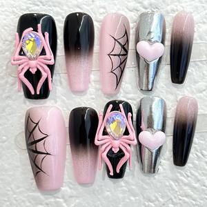 <span class=keywords><strong>Faux</strong></span> <span class=keywords><strong>ongles</strong></span> à presser gothiques punk rouge et noir, motif papillon, avec autocollants de fête Y2K, yeux et chaîne métallique, faits main - Product Image 3