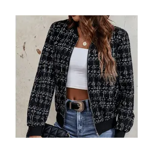 Autumn Simple Versatile Spandex Polyester Loose Baseball Collar Long Sleeve Knit Black Jacket Womens Clothing