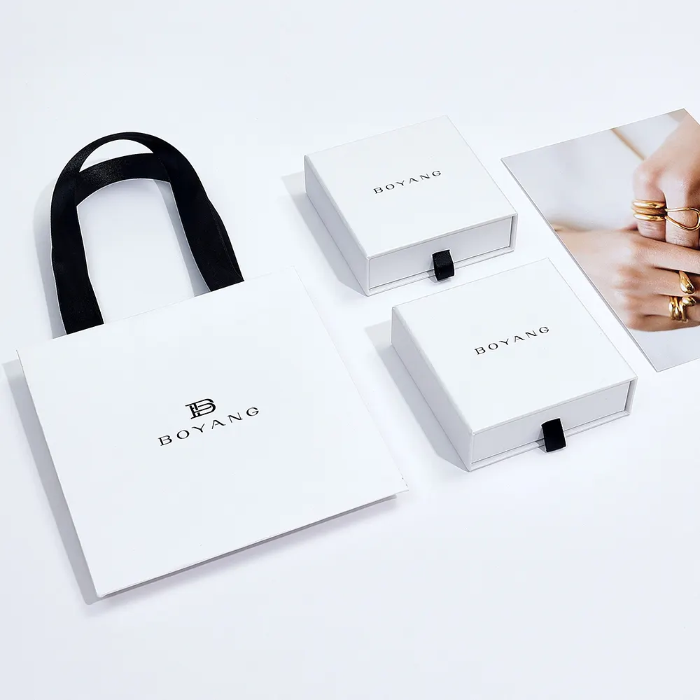 Boyang Custom Gedrukt Luxe Sieraden Verpakking Karton Lade Doos Mode Witte Sieraden Gift Set Doos Verpakking