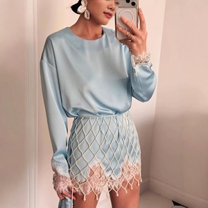 Camiseta de <span class=keywords><strong>Manga</strong></span> Larga con Encaje y Parches Irregulares para Mujer, Primavera-Verano 2026, <span class=keywords><strong>Cuello</strong></span> Redondo Elegante - Product Image 1