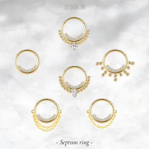 ZESENLIN anneau chirurgical en acier blanc CZ Zircon, anneau de Clicker de nez plaqué or anneaux de nez indiens avec chaîne