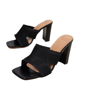 Nouvelles <span class=keywords><strong>sandales</strong></span> d'été 2025 à talons épais pour femmes, mules tricotées à porter à l'extérieur, grandes tailles, mode, à bout carré - Product Image 6
