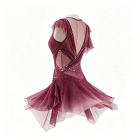 Robe de patinage artistique rouge bordeaux dégradé à manches volantées, dos ouvert, en maille ornée de strass, pour concours de danse sur glace, pour enfants et filles