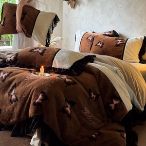 Pink Black Butterfly <strong>Teddy</strong> Fleece Bedding <strong>Set</strong> 4pcs Black Mesh Ruffle Lace Edge Warm Winter Bed Skirt Linen - Product Image 3