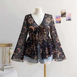Top da <span class=keywords><strong>donna</strong></span> con scollo a V in rete stampata, stile vacanza, modello europeo-americano <span class=keywords><strong>Bell</strong></span> - Product Image 3