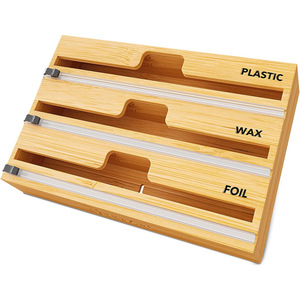 Wooden Food Storage Box 3 Tier Wall Mounted Cling Film Wax <b>Foil</b> Cutter Organizer Rectangle Lacquered Finish - Product Image 1