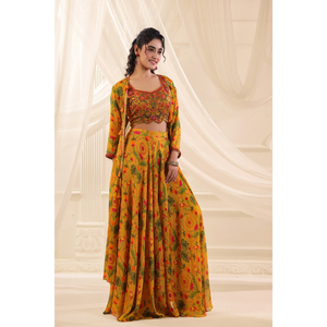 Compre Lehenga Choli con estampado floral amarillo mostaza y chal largo para ocasiones festivas y bodas, a la venta por exportadores. - Product Image 1