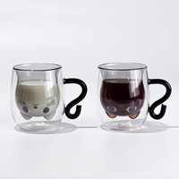 Mug à café en verre double paroi, résistant aux hautes températures, sans danger pour les aliments, réutilisable, cadeau créatif mignon, design chat, tasse à lait