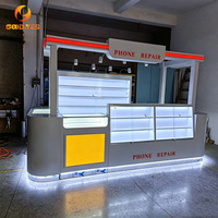 Vitrine de kiosque pour téléphones portables, vitrine en verre incurvé blanc avec enseigne en lettres LED rouges pour atelier de réparation de téléphones