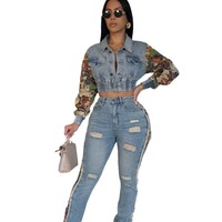 Nouvel ensemble 2 pièces en jean patchwork floral 2026 pour femme : veste courte vintage Y2K et jean déchiré
