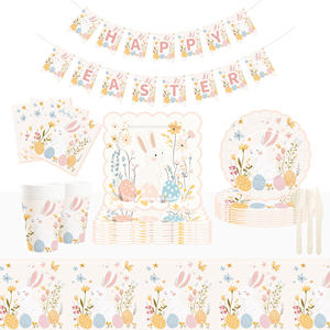 DAMAI <b>Easter</b> Tableware Set Disposable Floral Bunny Paper Plates With Eggs Design for Kids Party Supplies Serves 8 Pcs - Product Image 1