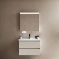 Meuble-lavabo mural en acier inoxydable avec panneau PVC, miroir LED mat blanc chaud, tiroir gauche, porte droite, rangement pour hôtel