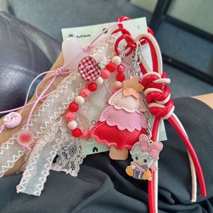 Porte-clés Arbre de Noël en PU fait main avec perles bleu clair et pompon, motif dessin animé mignon, personnalisable, pour sac à main femme - Product Image 5