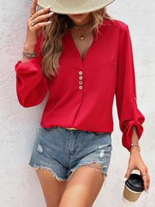Nueva Camisa de Mujer a la Moda con Cuello en V, Estilo Casual, Manga Larga, Color Sólido, con Botones, Talla Grande, Holgada - Product Image 3