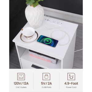 Nightstand With 2 Drawers And <b>Open</b> Shelf Charging Station Side Table For Bedroom Or Living Room - Product Image 4