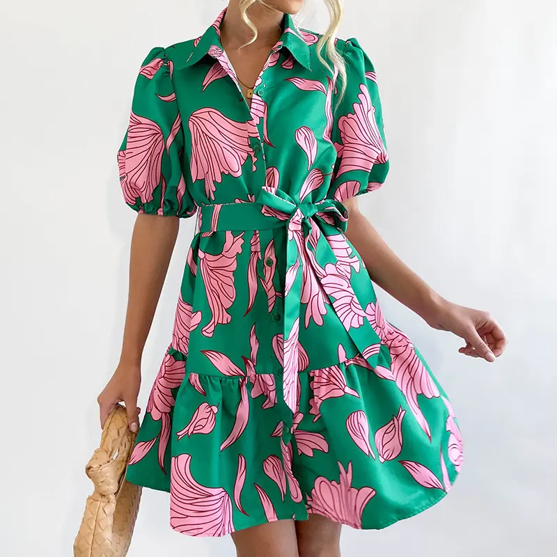 Shirt Dress Green New Floral Women's Lotus Lapel Bubble Sleeve Lace-up Casual Summer Polyester Adults Satin Mandarin Collar