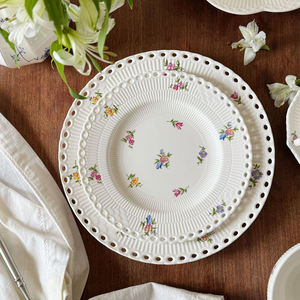 <span class=keywords><strong>Assiette</strong></span> et bol en céramique d'usine Assiettes à dessert Assiettes à dîner en porcelaine imprimée de fleurs blanches Vaisselle de restaurant Vaisselle - Product Image 4