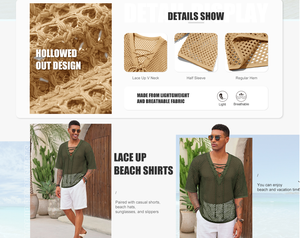 Camiseta de punto de malla para hombre - Camisa de playa de verano con cuello en V y ajuste holgado, camiseta de punto transparente para resort y ropa urbana - Product Image 6