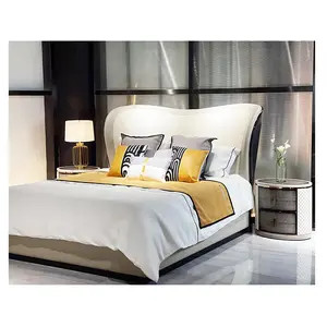 HL-044 High-end nucbuk leather upholstery luxury burl veneered wooden headboard King soft bed Italy design master bedroom sets