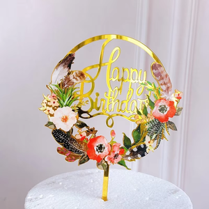 Premium Lucite Laser Cut Cake Topper Imprimé Fleurs Colorées Numéros Joyeux Anniversaire Fête Gâteau Décoration Fournitures Populaire - Product Image 2