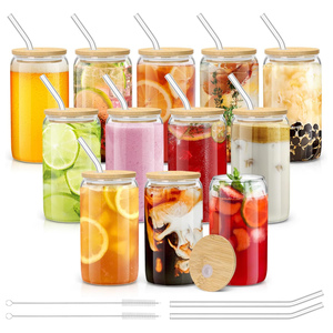Manufacturer Custom Logo Beer Can Glass 16Oz 480Ml USA Sublimation Soda Beer Can Shaped Glass Cup With <b>Bamboo</b> Lid and <b>Straw</b> - Product Image 1