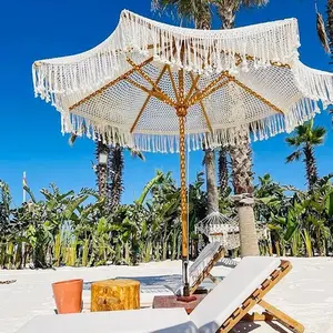 Wholesale Large Boho Beige Crochet Macrame Cotton Fringed Wooden Beach Patio Umbrella Resort Club Garden Outdoor Sun Parasols