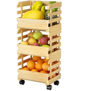Wooden kitchen <b>vegetable</b> storage <b>basket</b>, floor-<b>standing</b>, with wheels, multi-tiered stackable solid wood storage rack - Product Image 2