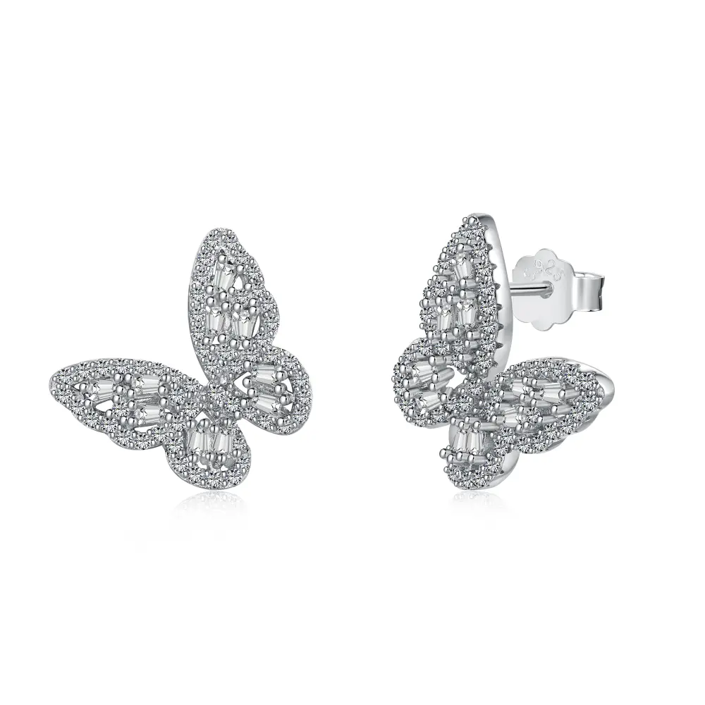 Dylam elegante Design a denti in argento Sterling 925 placcato rodio 5A orecchini a bottone a forma di farfalla con diamanti e zirconi cubici per le donne