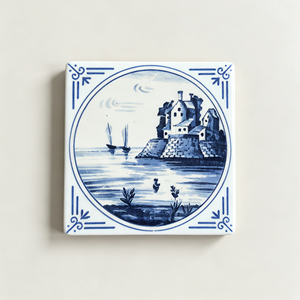 Azulejo Delft Blue Castle de 100x100mm, Cerámica Serigrafiada a Mano, Decoración Moderna para Interiores, Azulejos para Pared, Aislamiento Térmico, 8mm de Grosor - Product Image 1