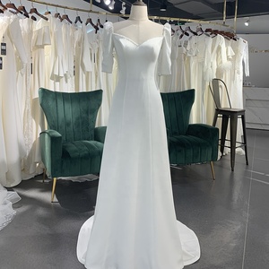 Para Jancember LSSG053 Vestido de novia moderno Satén simple Manga corta Vestido de novia largo formal Capilla Tren Flores Cristales - Product Image 1