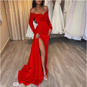 Vestido de noche de un solo hombro con manga larga, lentejuelas, abertura, cintura natural, cremallera frontal y falda amplia. - Product Image 3