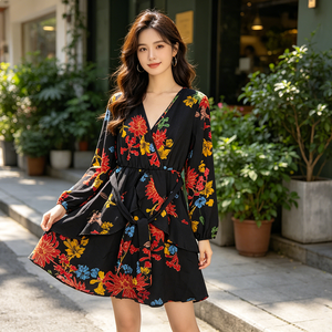 Nuovo Arrivo 2026: Abito Mini da Donna Rosso con Stampa Floreale, Scollo a V, Maniche a Sbuffo, Vita Alta e Cintura - Disponibile all'Ingrosso - Product Image 1