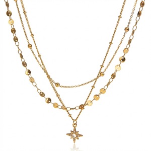Collar de Oro Exclusivo con Colgante de Pentagrama de Cuatro Estrellas en Forma de Gota de Agua, Cadena de Placa Redonda de Tres Capas Tejidas para Mujer - Product Image 5