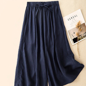 Cotton Linen Wide Leg Pants Loose Fit <b>Elastic</b> Waist Culottes Women's Casual Breathable Summer Style Green - Product Image 5